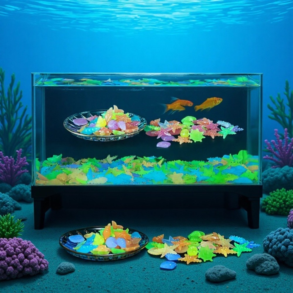 Aquarium Marine Stone - 光る発光海洋石、蛍光貝殻、カラフルなヒトデ、水槽の景観装飾用、暗闇で光る